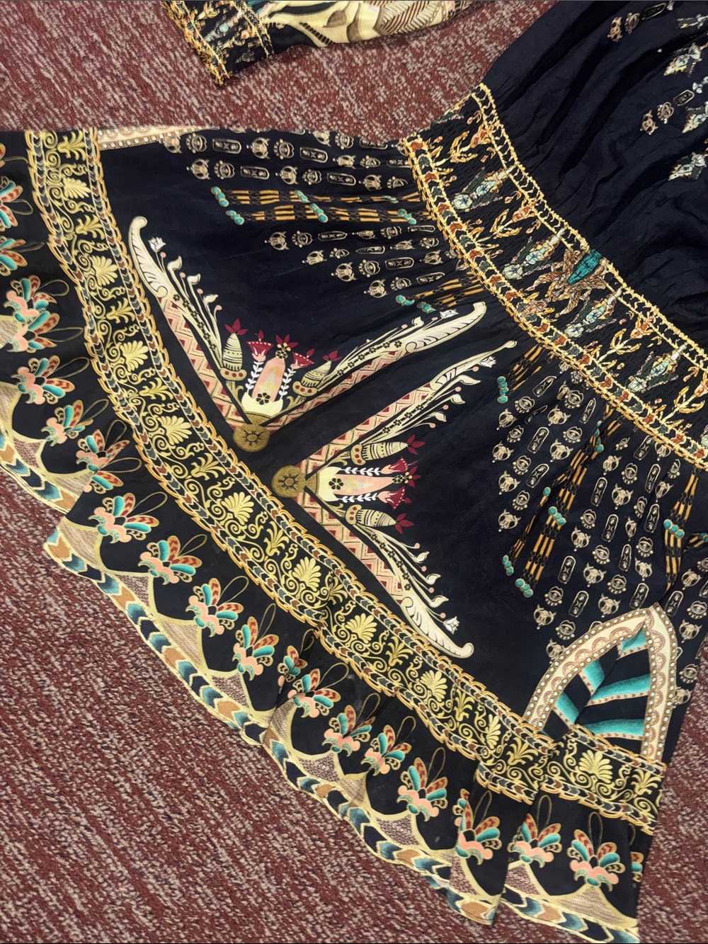Camilla off the shoulder printed silk crepe de chine mini dress smocked gemstone - Picture 6 of 16